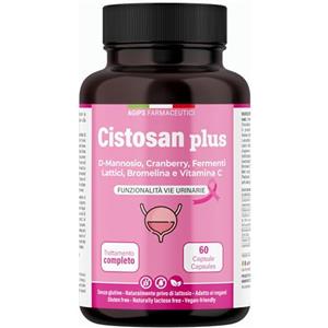 AGIPS FARMACEUTICI Integratore Cistite con D-Mannosio Puro 2000 mg Bromelina Mirtillo Rosso Fermenti lattici Vitamina C Per Favorire La Funzionalità Vie Urinarie Vegano 60 capsule Cistosan Agips Farmaceutici