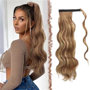 FESHFEN Lunga Coda Capelli Extension, 60 cm Ricci Ondulato Ponytail Coda di Cavallo Extension Code Finta Capelli Clip Sintetica Posticci per Capelli per Donne, Biondo castano