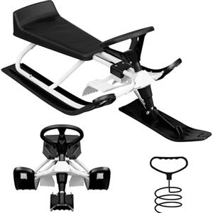 Laneetal Slittino da Neve con Volante di Sterzo, Slitta da Neve per Bambini con Freno e Ammortizzatore, Sedile in Plastica con Schienale e Telaio in Metallo, Fune da Traino, Nero+Rosso