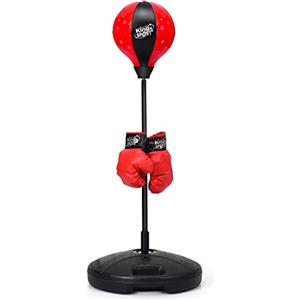 GYMAX Punching Ball da Terra per Adulti e Bambini, Sacco da Boxe con Guanti e Altezza Regolabile, Palla di Pugilato con Base Stabile (Stile2-Nero)