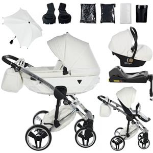 Junama Passeggino TRIO Diamond Fluo Individual 15 Bianco e Argento - 2in1 3in1 4in1 + ombrellino (4 in 1 con Base ISOFIX)