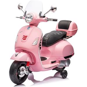 Mondial Toys Moto Elettrica Scooter per Bambini Vespa GTS Super Piaggio 12V con Sedile in Pelle Bauletto MP3 Luci a Led Full Optional (Rosa)