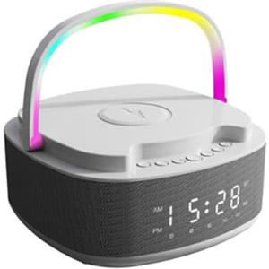 SH-RuiDu Sveglia da comodino, radiosveglia digitale con 15 W, caricabatterie wireless Qi, altoparlante Bluetooth, radio FM, timer, lampada notturna, supporta scheda TF, radio AUX per camera da letto