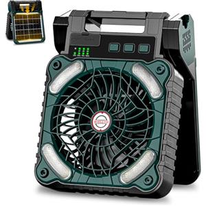 Sendowtek Ventilatore Solar Power Batteria & Energia Solare Ventilatore da Campeggio con 10400mAh Ingresso Type-C Uscita USB Ventola da Tavolo Silenziosa con Luci LED per Esterno Viaggio Casa Ufficio