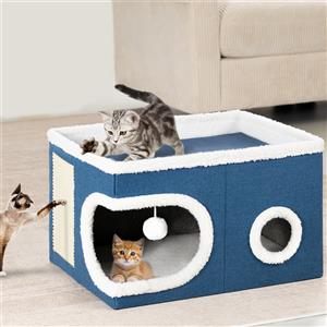 BAKAJI Cuccia per Gatti Blu con Ingresso Tondo, Tiragraffi e Base Antiscivolo - 58x42x33 cm