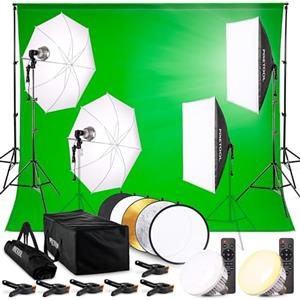 PIXETOOL Set Studio Fotografico - Softbox - Green Screen (3 x 3 m) con Supporto (3 x 2,6 m) - Fondale fotografica - Lampada - Sfondo - Luce Fotografiche Per Video Foto - Fotografia Streaming