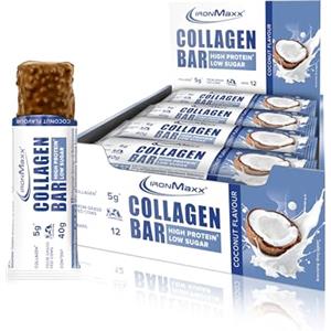 IronMaxx Collagen Protein Bar - Barretta 40g Cocco 12 pz. - Barretta proteica a basso contenuto di zucchero con collagene tipo 1, 2 e 3, 5g per barretta, da manzo alimentato ad erba.