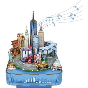 Tonecheer Scatola Musicale Puzzle 3D Legno, Kit di Modellismo DIY per Adulti, Carillon Rotante, Puzzle in Legno per Decorazione Domestica, Regalo di Compleanno o Natale per Adolescenti (New York)