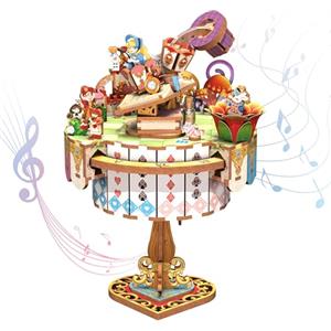 Tonecheer Scatola Musicale Puzzle 3D Legno, Kit di Modellismo DIY per Adulti, Carillon Rotante, Puzzle in Legno per Decorazione Domestica, Regalo di Compleanno o Natale (Il Tea Party di Alice)