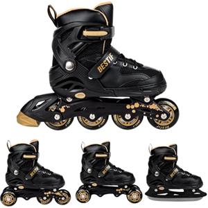 BESTIF Pattini in linea per bambini e adulti, 4 in 1, regolabili (nero/oro, 34 - 37)