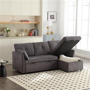 Autheria Divano Letto 3 Posti con Penisola, Divano Angolare 3 Posti Forma di L, Divano Letto Matrimoniale con Materasso, Divano 3 Posti con Braccioli e Vano Portaoggetti, Velluto Grigio Scuro