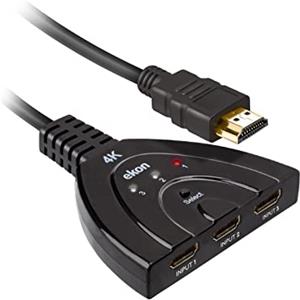 Ekon splitter HDMI, HDMI Switch, 3 porte HDMI, cavo HDMI da 40 cm, connettori dorati, risoluzione 4K Ultra HD,