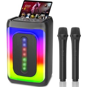 Ankuka Macchina per karaoke con 2 microfoni, altoparlante Bluetooth portatile con luci LED, TF/USB, FM, AUX, TWS, per feste e adulti, regalo per amici e familiari (nero)