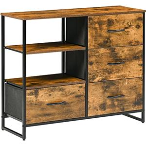 HOMCOM Cassettiera 4 Cassetti e 2 Ripaini Aperto in Tessuto, Comò Pieghevoli per Camera da Letto, Soggiorno con Piedini Regolabili, Stile Industriale, 84x30x71.5cm, Marrone Rustico