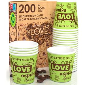 Eurocali 200 Bicchierini in Carta per caffè 65ml LoveGreenCUP Bicchieri Ecologici Biodegradabili Monouso Piccoli Asporto Bevande Calde