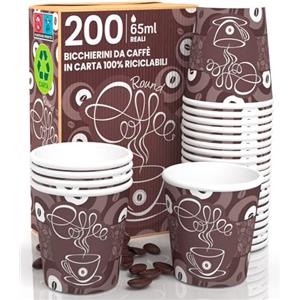 Eurocali 200 Bicchierini in Carta per caffè 65ml Coffee Round Bicchieri Riciclabili Monouso Piccoli Asporto Bevande Calde