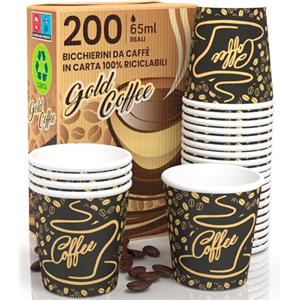 Eurocali 200 Bicchierini in Carta per caffè 65ml CoffeeGoldCUP Bicchieri Ecologici Biodegradabili Monouso Piccoli Asporto Bevande Calde