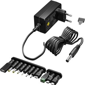 goobay 64571 Alimentatore universale 3 V - 12 V, max 7,2 W/DC adattatore di ricambio per TV, PC, router, striscia LED/Tensione variabile/USB C, Micro USB/Incl. 11 adattatori/Nero