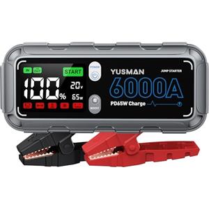 YUSMAN 8-in-1 Booster Avviamento Auto - 6000A e PD65W Portatile Avviatore Batteria Auto, Avviatore di emergenza, QC3.0, Luce 400 Lumen, Starter Batteria per ALL Gas/12.0L Diesel