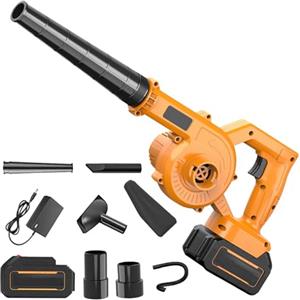 EagerMinds Soffiatore di Foglie, Soffiatore Senza Fili 21V con Batteria e Caricabatterie, Soffiatore Senza Fili, Pulizia Sgombero Neve Soffiatori di Foglie per Foglie da Giardino, Trucioli di Legno (giallo-1