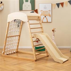 RELAX4LIFE Set di Arrampicata Multifunzione, Parco Giochi in legno Massello con Scivolo, Centro Attività da Interno ed Esterno, per Bambini 1 a 5 Anni (67x105x113 cm, Naturale)