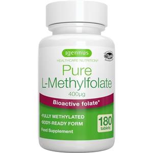 Igennus Healthcare Nutrition L-Metilfolato Puro 400 mcg, Forma Attiva Acido Folico 5-MTHF (Vitamina B9), 180 Compresse, Integratore Vegano Adatto alla Gravidanza, Ingredienti Puri e Senza Additivi, 1 al giorno - Igennus