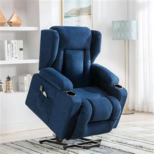 COMHOMA Poltrona Relax Massaggiante Elettrica in Tessuto con Sistema Alzapersona, Reclinabile Ergonomica per Anziani Arredo Salotto, Soggiorno e Ufficio Blu