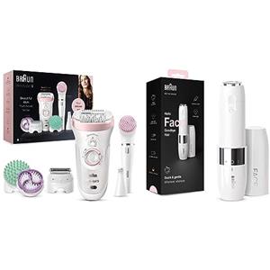 Braun Silk-Épil Beauty Kit 9 9-995 9-In-1 Wireless Depilazione Wet & Dry, Per La Pulizia Del Viso E Del Corpo, Bianco Rosa & Face Rasoio Viso Donna Elettrico Tocco Finale Per Baffetti