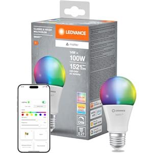 Ledvance Lampada Led Smart+ Matter, Smerigliata, 14W, 1521Lm, Forma a Goccia E27, Luce Colorata e Luce Bianca, Compatibile con Google, Alexa, Apple, App o Controllo Vocale, Durata Fino a 20.000 Ore