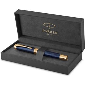 Parker Duofold Prestige Blue Chevron Centennial Penna stilografica, punta in oro puro media, inchiostro nero e adattatore