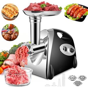 SINZUX Tritacarne e Salsicciaio elettrico, 2800 W Tritacarne e Salsicciaio, ruota in avanti e indietro, con 3 diverse piastre di taglio, set per salsicce e kubbe (nero)
