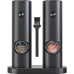 IraXpro Set Macina Sale e Pepe Elettrico,Macina Pepe Elettrico a Batteria 4-AAA con Base,Spazzola per la Pulizia,Luce a Led,Anima Macinante in Ceramica,5 Grossolanità Regolabili (Nero-Batteria)