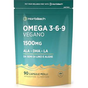 Horbäach Omega 3 6 9 Vegan 1500mg | 90 Capsule Molli Vegane | Ricco di Omega 3 | Integratore Alimentare con Acidi Grassi ALA DHA | da Olio di Semi di Lino e Olio di Alghe | Omega 369 | di Horbaach