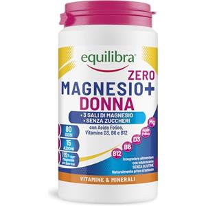 Equilibra, Magnesio Donna Zero Zuccheri, 200g in Polvere, 3 Sali di Magnesio, Bisglicinato, Pidolato, Carbonato, con Acido Folico, Vitamina D3, B6, B12, Solubilità Istantanea, Sapore Agrumato
