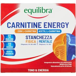 Equilibra, Carnitina, con L-Carnitina e Acetil L-Carnitina, 200mg, Integratore Energizzante, Stanchezza Fisica e Mentale, Magnesio Organico, Vitamine Gruppo B, Gusto Arancia, Senza Glutine, 12 Bustine