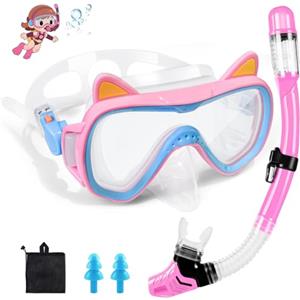 Zikenis Occhialini da sub per bambini,4-16 anni muta da snorkeling per bambini,180° panoramici HD con tubo di respirazione asciutto,occhialini da nuoto etro temperato,per Immersioni e Nuoto (Rosa)