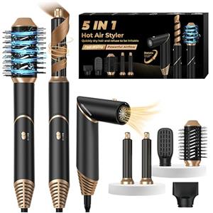 UMIGA Spazzola Ad Aria Calda 5 in 1 Air Styler Spazzola Asciugacapelli [600,00 RPM] Ioni Phon Capelli 1000W, con 5 Accessori per Styling Liscio, Onde, Ricci, Multifunzione Airstyler Hairstyler Set, Nero/Oro