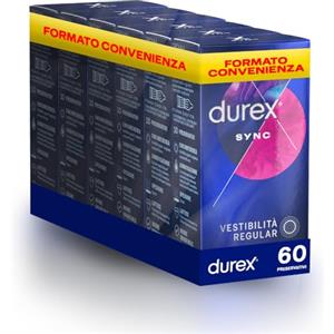 Durex Sync Preservativi Ritardanti per Lui e Stimolanti per Lei con Rilievi e Nervature, con Lubrificante a Lunga Durata - 60 Preservativi, 6 confezioni da 10 profilattici
