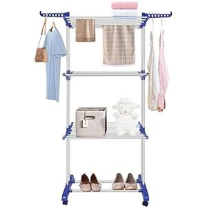 ZENZERO® - Stendino Verticale 4 Livelli Stendibiancheria a Torre Allungabile con Ruote, Acciaio Inossidabile Stendipanni da Interno Esterno