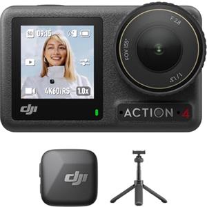 DJI Osmo Action 4 Combo Standard Trasmettitore Mic Mini (Nero infinity) + Mini manico telescopico per Osmo Action, incredibili immagini con scarsa illuminazione, prestazioni cromatiche a 10 bit