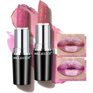 Anglicolor Rossetto Glitter,Rossetto Metallizzato Lucido,Rossetti Texture Cremosa,Formula Idratante,Trucco Naturale Idratante Per Le Labbra (#11+#15, 8g)