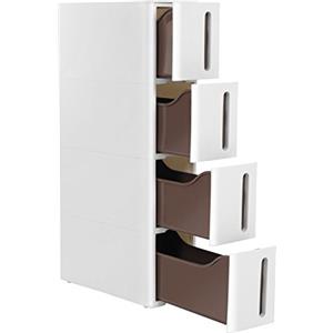 SONGMICS Cassettiera Salvaspazio, Carrello Stretto con 4 Cassetti, Portaoggetti da Bagno, Organizzatore per Cucina, Carrello in PP con Ruote Rimovibili, 45 x 17 x 83 cm, Bianco e Marrone KFR08WT
