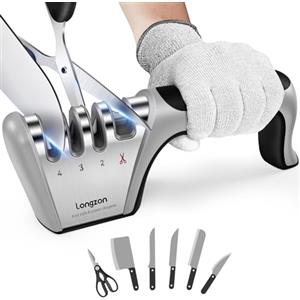 longzon Affilacoltelli Professionale, 4 in 1 Affila Coltelli da Cucina con Due Guanti Antitaglio, Affilacoltelli Manuale per Coltelli Dritti, Forbici, Sicuro e Facile da Usare