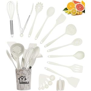 SinLaw 18 Pezzi Utensili Cucina Silicone, Antiaderente resistente al calore,Set di Utensili da Cucina in Silicone,Lavabile in lavastoviglie,Set Mestoli Cucina,Accessori Cucina con contenitore(bianco)