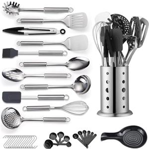 Reanea Set di utensili da cucina, 39 pezzi, set di utensili da cucina in acciaio inossidabile, spatole con robusto portautensili in acciaio inossidabile, lavabili in lavastoviglie