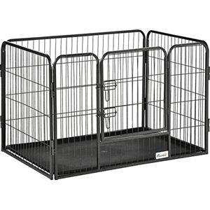 PawHut Box per Cani Recinzione in Metallo per Animali con 4 Pannelli, Porta con Doppio Blocco e Vassoio sul Fondo, 125x78x80cm, Grigio