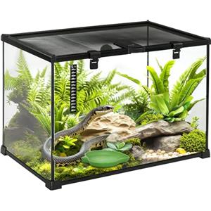 PawHut Terrario per Rettili Rialzato con Serratura e Porta per Alimentazione, Terrario per Tartarughe e Serpenti in Vetro Temperato e Rete Metallica, 50x30x35 cm, Nero