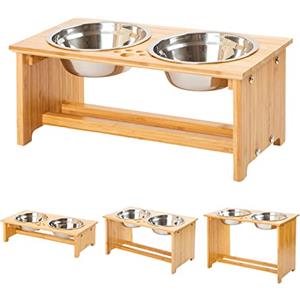YY FOREYY FOREYY Ciotole per Cani alzate per Cani e Gatti Ciotole per Cibo e Ciotole per Cani in bambù Elevated Stands Piatti per mangiatoie con 2 Ciotole in Acciaio Inox e Piedini Antiscivolo (M)