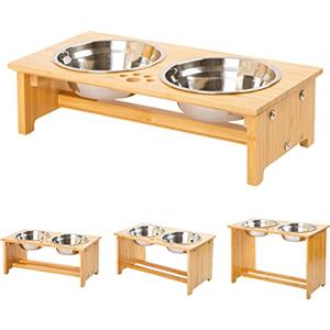 YY FOREYY FOREYY Ciotole per cani alzate per cani e gatti Ciotole per cibo e ciotole per cani in bambù Elevated Stands Piatti per mangiatoie con 2 ciotole in acciaio inox e piedini antiscivolo (S)