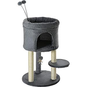 PawHut Albero Tiragraffi per Gatti Adulti e Gattini con Casetta, Lettino e Piattaforma, Torre per Gatti con Pali in Sisal e Palline, 44.5x44.5x73.5cm, Grigio
